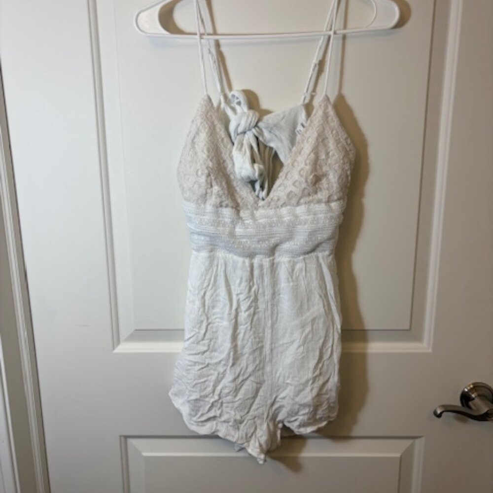 White Lace Trim Romper with Adjustable Straps